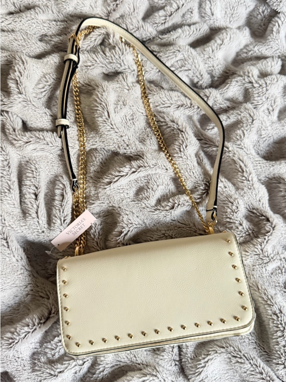 Victoria's Secret Cream Crossbody Wallet with Gold Chain & Studs
